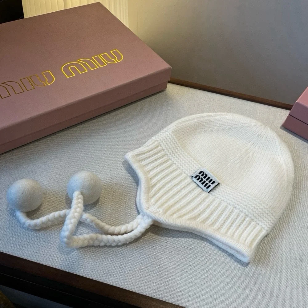 Miu Miu Cream Knit Hat with Pom Poms - Picture 2 of 6